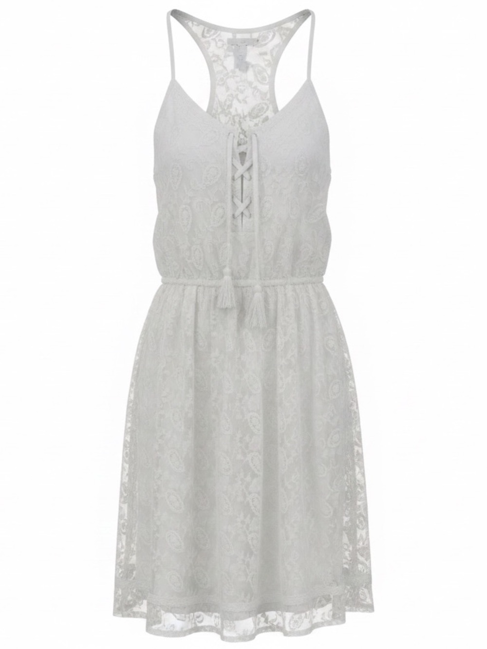 Hollister White Lace Mini Dress XS Boho Lace Up Front Tassel Racerback